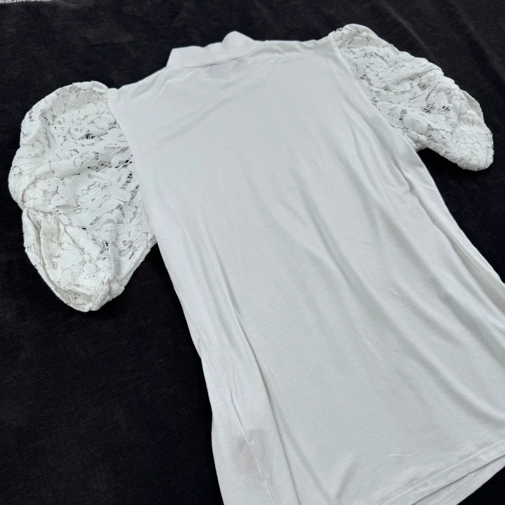 Philosophy White Lace Puff Sleeve Mock Neck Top Womens Small Fairy Romantic Euro